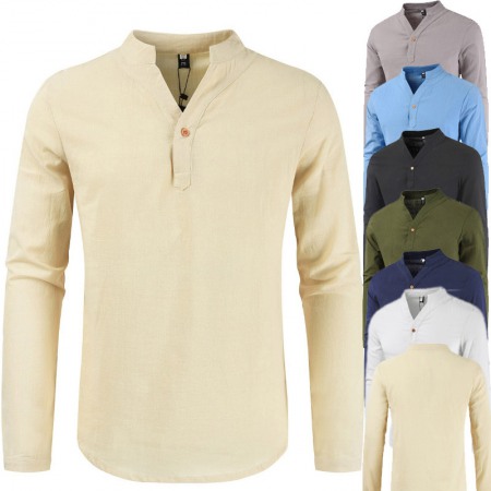 Summer V-Neck Cotton and Linen Long-Sleeved T-Shirt Men's Cotton and Linen Plus Size Bottoming Shirt Stand-Up Collar