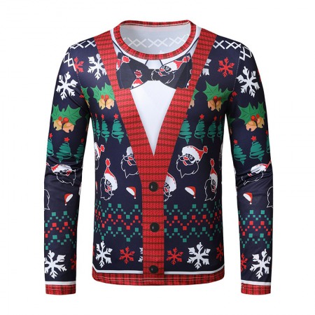 New 3D Personality Fake Two-Piece Printing Fashion Men's Christmas Long-Sleeved T-Shirt