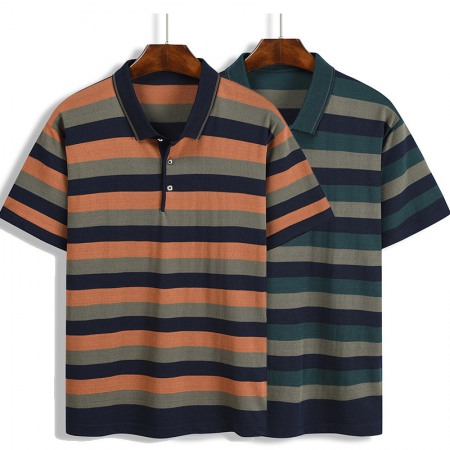 Summer T-Shirt Striped Color Matching Pockets Men's Lapel Short-Sleeved T-Shirt Tops for Men